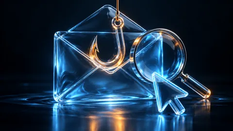 Illustration of a glass phishing envelope with a hook, magnifier and cursor