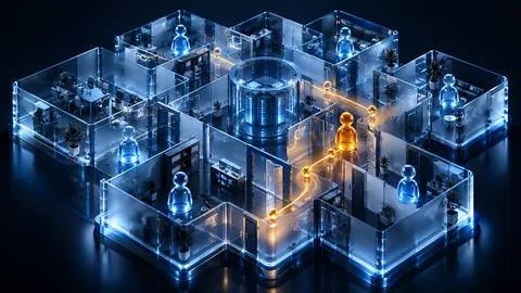 Illustration of an isometric glass office floor with figures and a glowing investigation path
