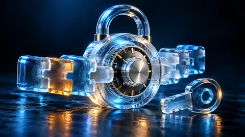 Illustration of a glass combination padlock with puzzle pieces and a key