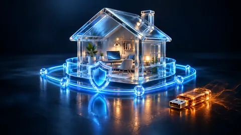 Illustration of a glass home office protected by a shield, with an unknown USB device nearby