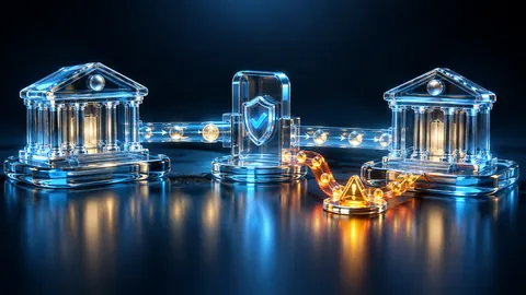 Illustration of two glass banks linked by a verification gate and a warning marker